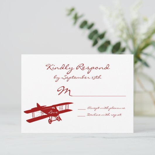 ヴィンテージ飛行機飛行士Red結婚式の出欠確認カード 出欠カード (スタンド正面)
