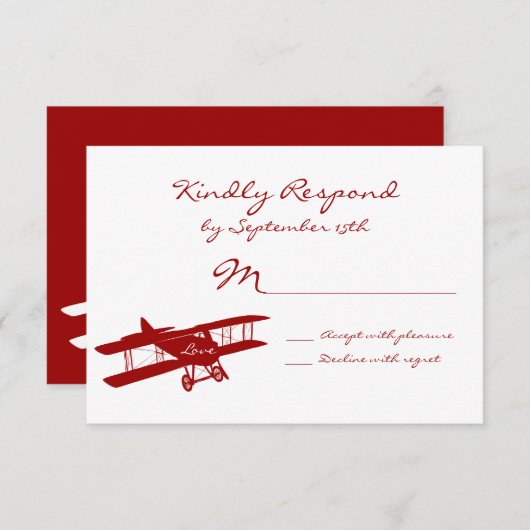 ヴィンテージ飛行機飛行士Red結婚式の出欠確認カード 出欠カード (正面/裏面)