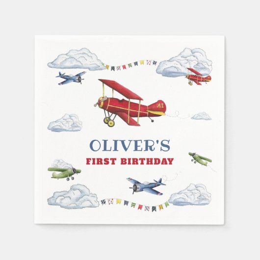 ヴィンテージ飛行機飛行機ファースト誕生日ナプキンス スタンダードカクテルナプキン (正面)