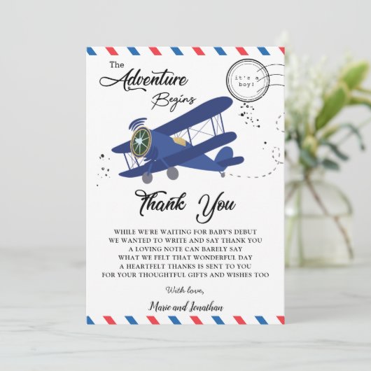 ヴィンテージ飛行機飛行機ブルーベビーシャワー サンキューカード (スタンド正面)