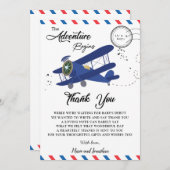 ヴィンテージ飛行機飛行機ブルーベビーシャワー サンキューカード (正面/裏面)