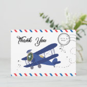 ヴィンテージ飛行機飛行機ブルーベビーシャワ感謝していーYo サンキューカード (スタンド正面)