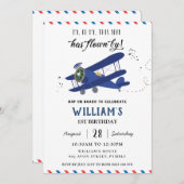 ヴィンテージ飛行機飛行機ブルー金ゴールドバースデ   ーイン 招待状 (正面/裏面)