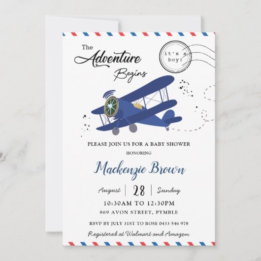 ヴィンテージ飛行機飛行機ブルー金ゴールドボーイ赤ちゃんシャワー 招待状 (正面)