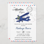 ヴィンテージ飛行機飛行機ブルー金ゴールドボーイ赤ちゃんシャワー 招待状 (正面/裏面)