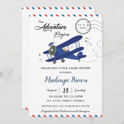ヴィンテージ飛行機飛行機ブルー金ゴールドボーイ赤ちゃんシャワー 招待状 (正面/裏面)