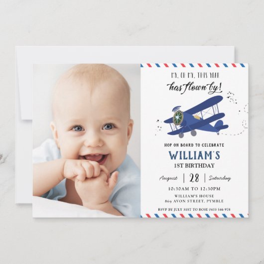 ヴィンテージ飛行機飛行機ブルー金ゴールド誕生日写真 招待状 (正面)