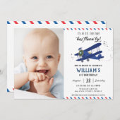 ヴィンテージ飛行機飛行機ブルー金ゴールド誕生日写真 招待状 (正面/裏面)