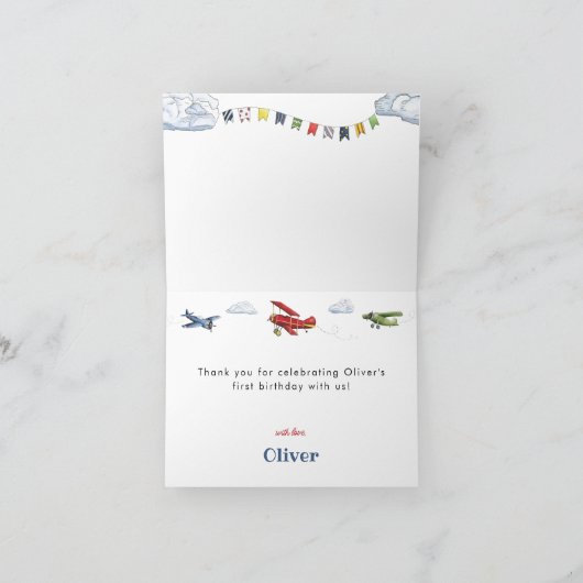 ヴィンテージ飛行機飛行機最初の誕生日ありがとう サンキューカード (内部)