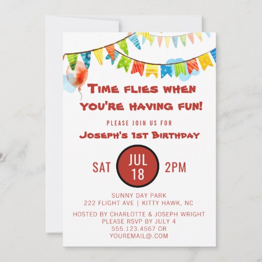 ヴィンテージ飛行機1歳の誕生日パーティータイムフライ 招待状 (裏面)