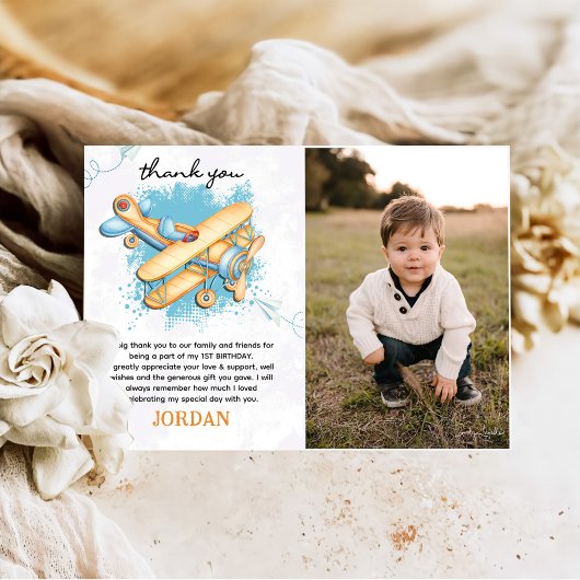 ヴィンテージ飛行機1歳の誕生日パーティー写真 サンキューカード