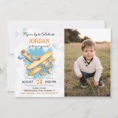 ヴィンテージ飛行機1歳の誕生日パーティー写真 招待状 (正面)