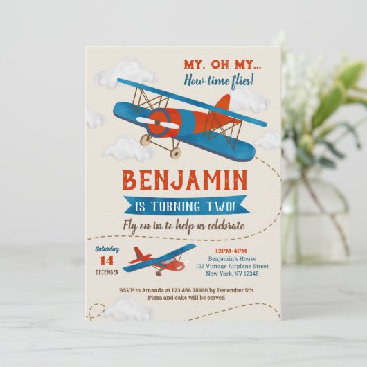 ヴィンテージ飛行機2回目の誕生日パーティの招待状 招待状 (スタンド正面)