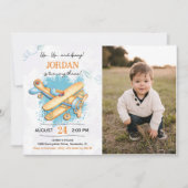 ヴィンテージ飛行機3歳の誕生日パーティー写真 招待状 (正面)