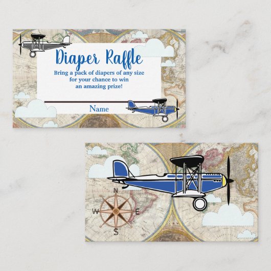 ヴィンテージ飛行機&クラウドワールドマップおむつラッフル エンクロージャーカード (正面/裏面)