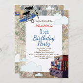 ヴィンテージ飛行機&クラウド世界旅行ベビーシャワー 招待状 (正面/裏面)