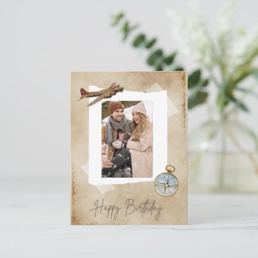 ヴィンテージ飛行機&コンパス写真付き.Aviation シーズンポストカード (スタンド正面)