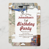 ヴィンテージ飛行機&ラゲッジワールドトラベル誕生日 招待状 (正面/裏面)