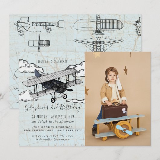 ヴィンテージ飛行機 | 旅行誕生日パーティー 招待状 (正面/裏面)