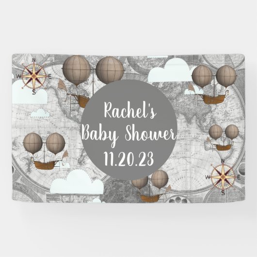 ヴィンテージ飛行船の飛行可能世界地図と雲 横断幕 (横)