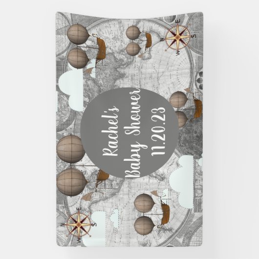 ヴィンテージ飛行船の飛行可能世界地図と雲 横断幕 (縦)