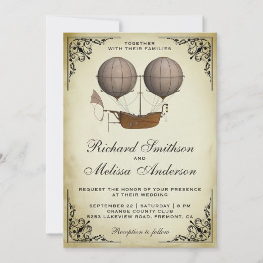 ヴィンテージ飛行船ホットエアバルーン結婚式招待状 招待状 (正面)
