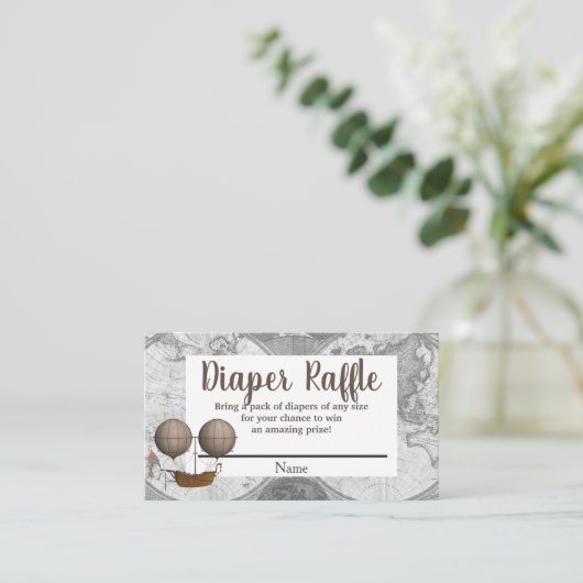 ヴィンテージ飛行船&世界地図エクスプローラーおむつラッフル エンクロージャーカード (スタンド正面)