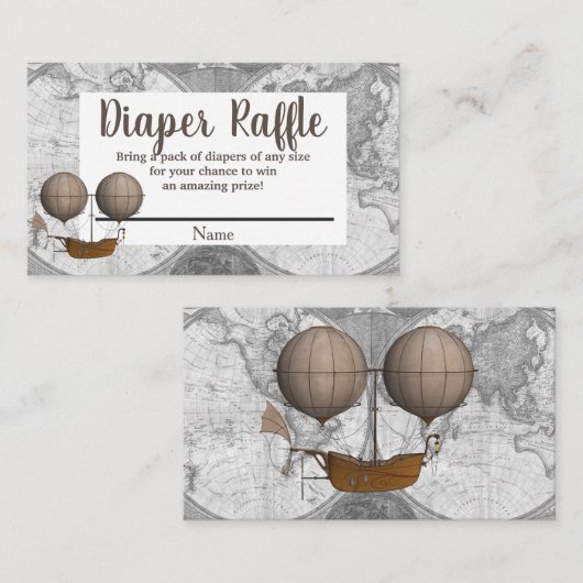 ヴィンテージ飛行船&世界地図エクスプローラーおむつラッフル エンクロージャーカード (正面/裏面)