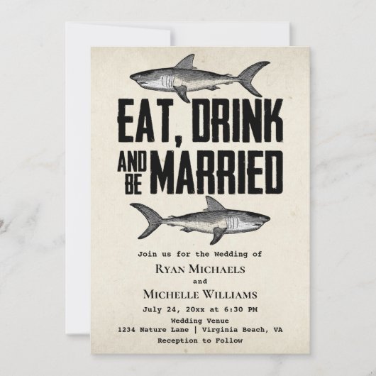 ヴィンテージ食べシャーク・ドリンク結婚したとビー結婚ズ 招待状 (正面)