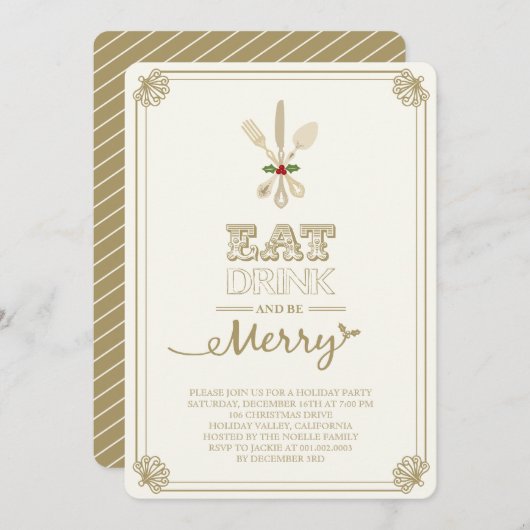 ヴィンテージ食べドリンク&ビーメリーホリデーパーティー招待状 招待状 (正面/裏面)
