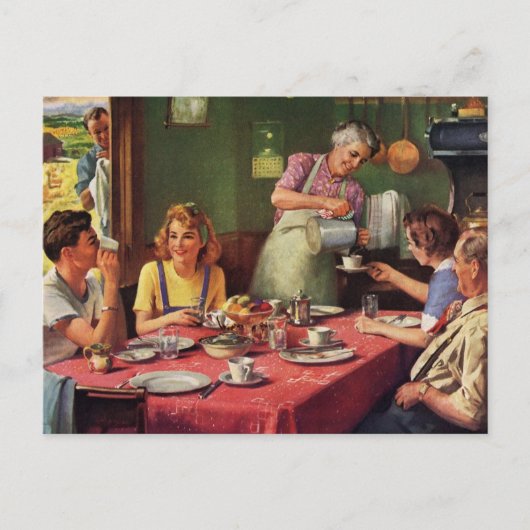 ヴィンテージ食べファミリーの朝食インザキッチン ポストカード (正面)