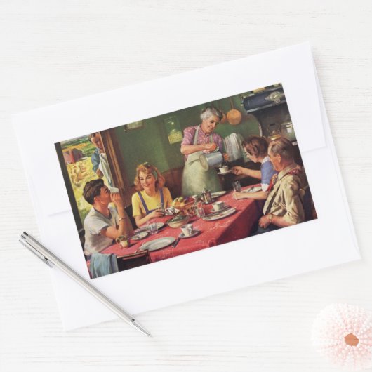 ヴィンテージ食べファミリーの朝食インザキッチン 長方形シール (封筒)