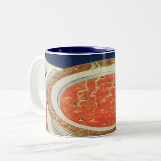 ヴィンテージ食べ物、エンドウ豆とトマトスープの熱いボウル ツートーンマグカップ (正面左)