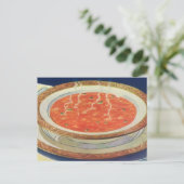 ヴィンテージ食べ物、エンドウ豆とトマトスープの熱いボウル ポストカード (スタンド正面)