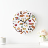 ヴィンテージ食品イラスト：シームレスなパターン。 ラージ壁時計 (ホーム)
