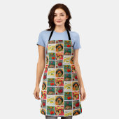 ヴィンテージ食品ラベルパカラフルターン エプロン (着用した状態)