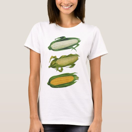 ヴィンテージ食品健康的な野菜、新鮮なトウモロコシ、Cob Tシャツ (正面)