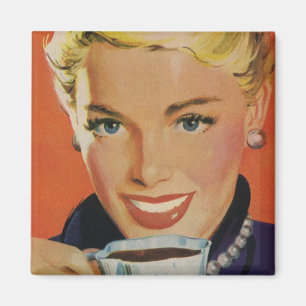 ヴィンテージ飲料と幸せなコーヒーカップの女性 マグネット