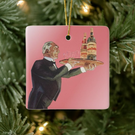 ヴィンテージ飲料，トレイにワインを提供するバトラー セラミックオーナメント (ツリー)