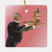 ヴィンテージ飲料，トレイにワインを提供するバトラー セラミックオーナメント (正面)