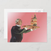 ヴィンテージ飲料、ワインを盆に載せたバトラー ポストカード (正面/裏面)