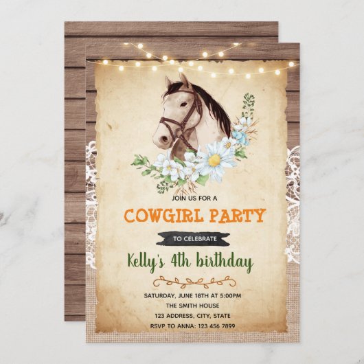 ヴィンテージ馬のテーマ誕生日の招待 招待状 (正面/裏面)