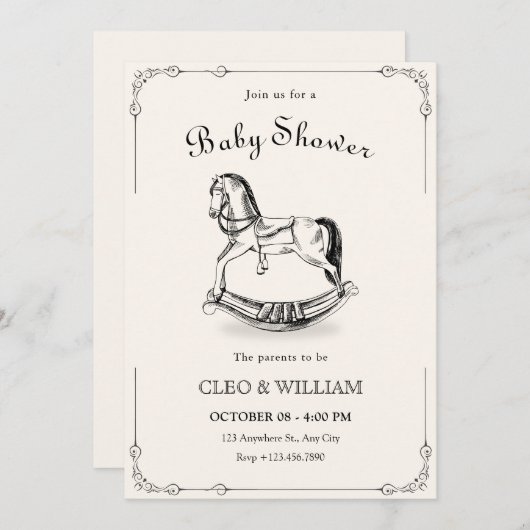 ヴィンテージ馬ベビーシャワー招待状 招待状 (正面/裏面)