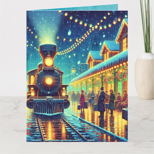 ヴィンテージ駅クリスマスイブ雪の夜 カード (正面)