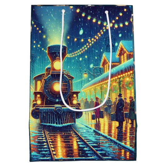 ヴィンテージ駅クリスマスイブ雪の夜 ミディアムペーパーバッグ (裏面)