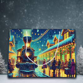 ヴィンテージ駅クリスマスイブ雪の夜 ラージペーパーバッグ