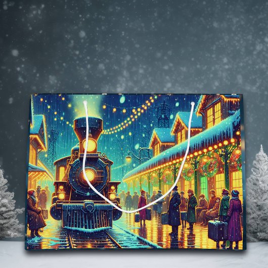 ヴィンテージ駅クリスマスイブ雪の夜 ラージペーパーバッグ