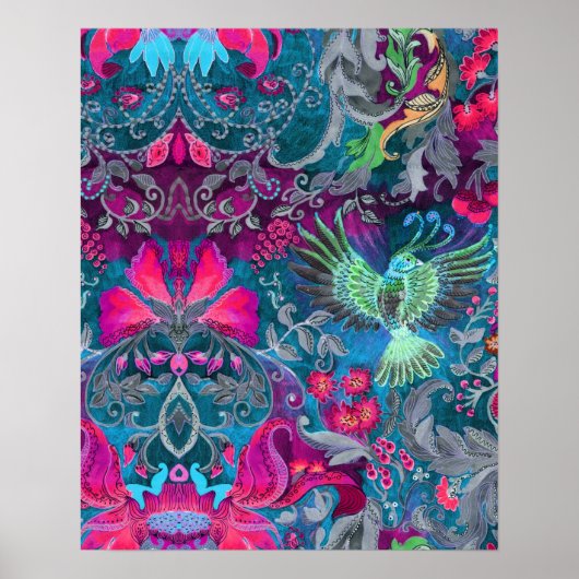 ヴィンテージ高級フローラガーデンブルーバードラックスパターン ポスター (正面)