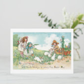 ヴィンテージ魅力的イースターバニーと子ども シーズンカード (スタンド正面)