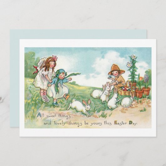 ヴィンテージ魅力的イースターバニーと子ども シーズンカード (正面/裏面)
